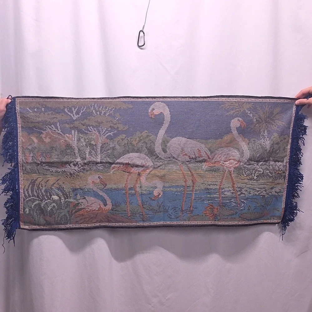 Vintage Flamingo Tapestry Wall Hanging Blue Velvet Tropical Fringed MCM Boho